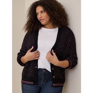 Torrid Cardigan Drop Shoulder V-Neck Button Front Sweater Black Pink Hearts Sz 0